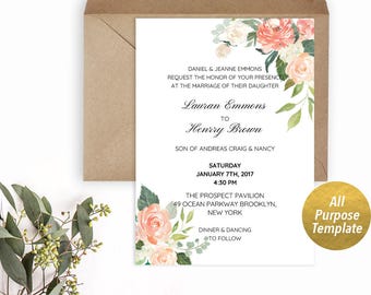 All Purpose Peach Cream Floral Template, Printable Bridal Shower Baby Shower Birthday Wedding Invitation Template, DIY PDF Download #106