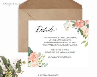 Printable Peach Cream Floral Wedding Details Card, Editable Information card Template, Vistaprint, DIY PDF Instant Download #106