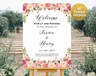 Printable Pink Floral Welcome Sign Templates, Editable Wedding All Event Welcome Sign Poster 24x36 inch, DIY PDF Instant Download #102#112