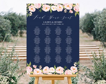 Navy White Wedding Seating Chart Template, Printable Elegant Pink Floral Seating Plan, up to 30 Table,  24x36 Large Poster PDF Download #108