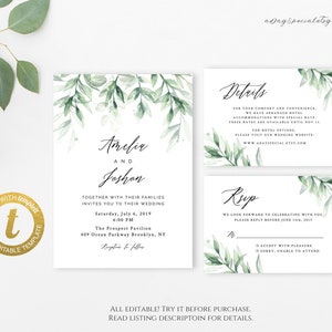Verdure Tout Modifiable Feuille Mariage Invitation Modele Etsy