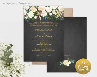 Double Sided All Purpose Gold Ivory Wedding Invitation Template, Printable Black Chalkboard 5x7" all purpose card, DIY Download #110