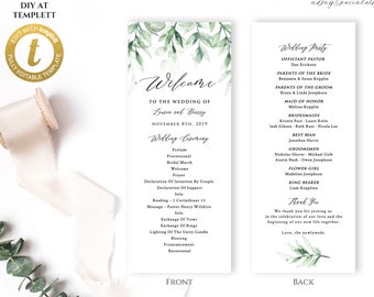 All Editable Greenery Leaf Long Program Template, Printable Double Sided Green Wedding Program, Rack Card, Vistaprint, Edit at Templett #131