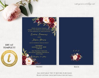 All Editable Burgundy Floral Navy Gold Wedding Invitation Template, Printable Double Sided All Event 5x7 Card, Edit at Templett#109#121