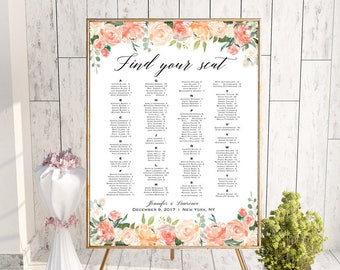 Peach and Cream Floral Alphabetical Seating Chart Template, Printable Wedding Seating Plan, up to 300 guests, DIY PDF Instant Download #106