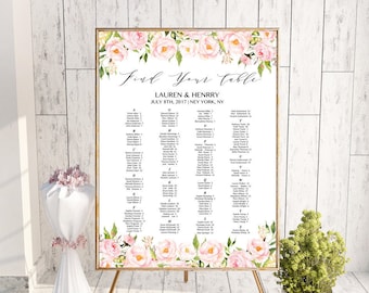 Peony Alphabetical Seating Chart Template, Printable Floral Wedding Seating Plan, up to 300 guests, 24x36 Large Poster, PDF Download #104