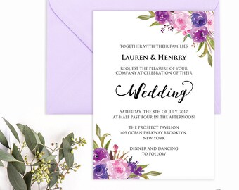 Lavender Invitation Template, Purple Lilac Watercolor Flowers, Printable Wedding Invitation Template, Vistaprint, DIY PDF Instant Download