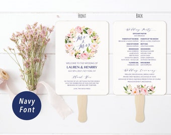 5x7" Peony Wedding Program Fan Style Template, Navy font Printable Double Sided Wedding Ceremony, Vistaprint DIY PDF Download #118 #108