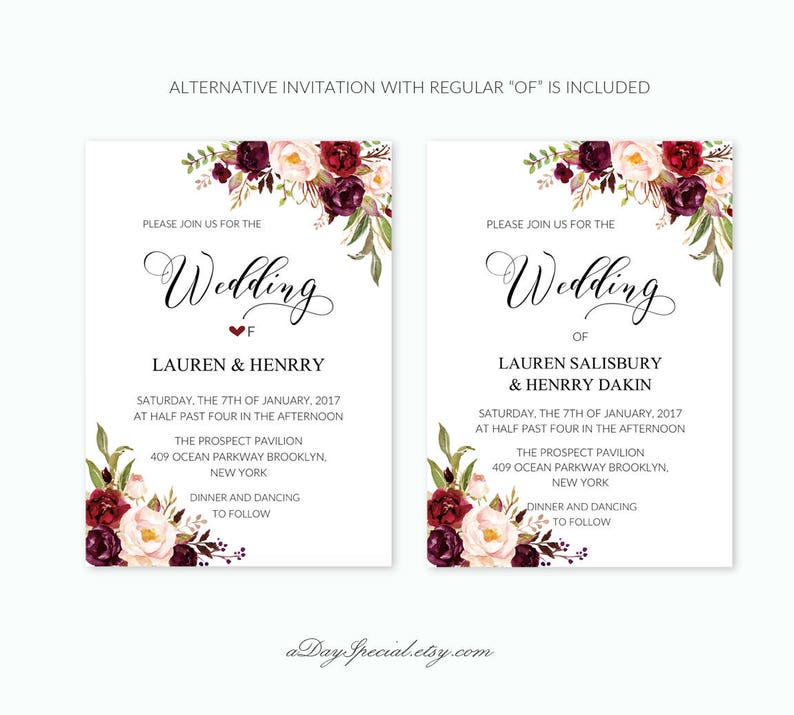 Set of 4 Double sided Burgundy Floral Wedding Invitation