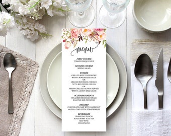 Printable floral Wedding Menu Template, Custom Wedding Menu, Editable Menu Rustic Wedding Menu, Pink Rose Wedding, Instant Download PDF #102