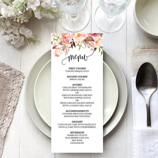 Printable floral Wedding Menu Template, Custom Wedding Menu, Editable Menu Rustic Wedding Menu, Pink Rose Wedding, Instant Download PDF #102