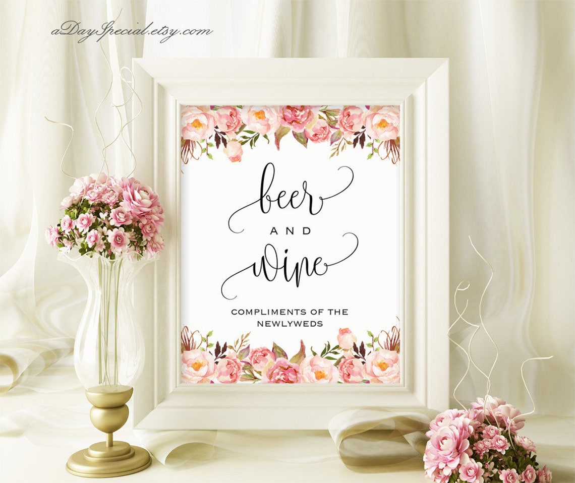 Printable Beer and Wine Sign Pink Floral Alcohol Bar Sign Etsy