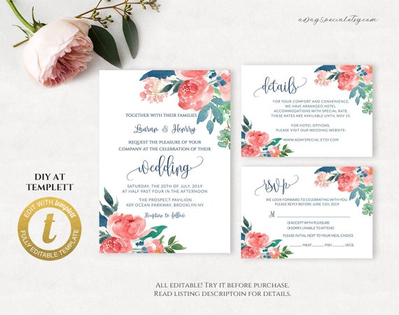 Edit at Templett #117#116 Printable Double Sided Invite Suite All Editable Peach Cream Floral Navy Gold Wedding Invitation Set Template