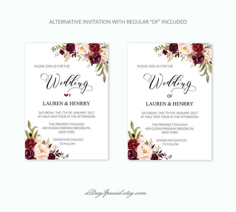 Burgundy Floral Wedding Invitation Template Printable 5x7