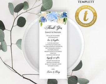 All Editable Blue Cream Floral Thank You Note Template, Printable Wedding Menu, Fit Vistaprint, Rack Card Size, DIY Edit at Templett #107