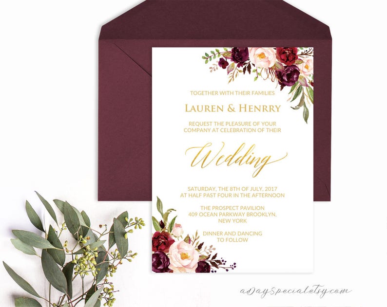 Burgundy Floral Gold Foil Wedding Invitation Template Etsy