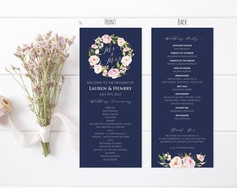 Peony Navy & White Wedding Program Template, Printable Floral Wedding Program, Elegant Wedding, Wedding Print DIY PDF Instant Download #108