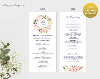 All Purpose Peony Wedding Program Template, Printable Pink Floral Long Program, 4x9, vistaprint, DIY PDF Instant Download #104 #118