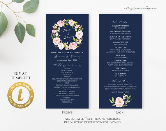 All Editable Pink Peony Floral Navy Long Program Template Etsy