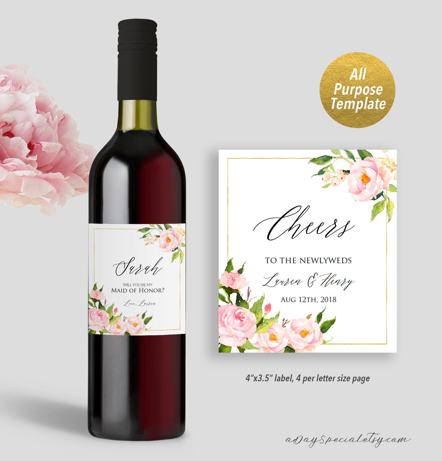 pink peony wedding wine bottle label template printable etsy