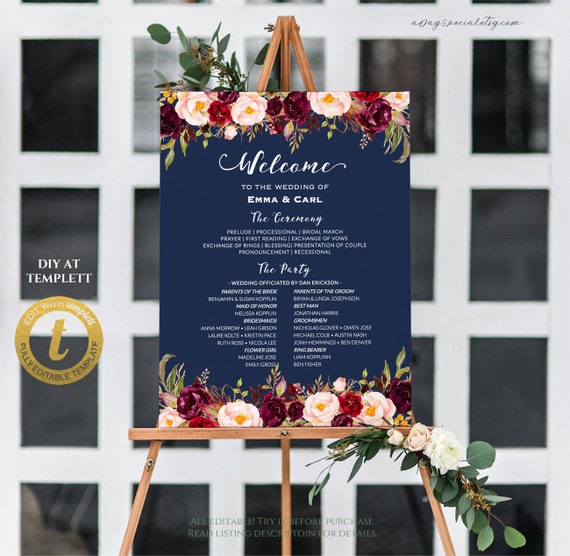 All Editable Burgundy Pink Floral Navy Wedding Program Board Etsy