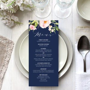 Modern Pink 4x9 Editable Reception Dinner Table Menu Card Navy and Blush Floral Wedding Menu Template Printable DIY PDF Instant Download
