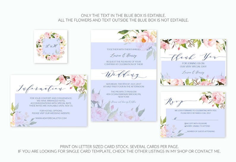 Rustic Floral Wedding Suite Set of 5 Printable Peony Wedding Invites Wedding Invitation Templates Editable PDF Instant Download #118