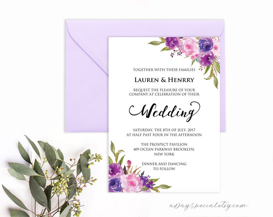 Lavender Invitation Template, Purple Lilac Watercolor Flowers