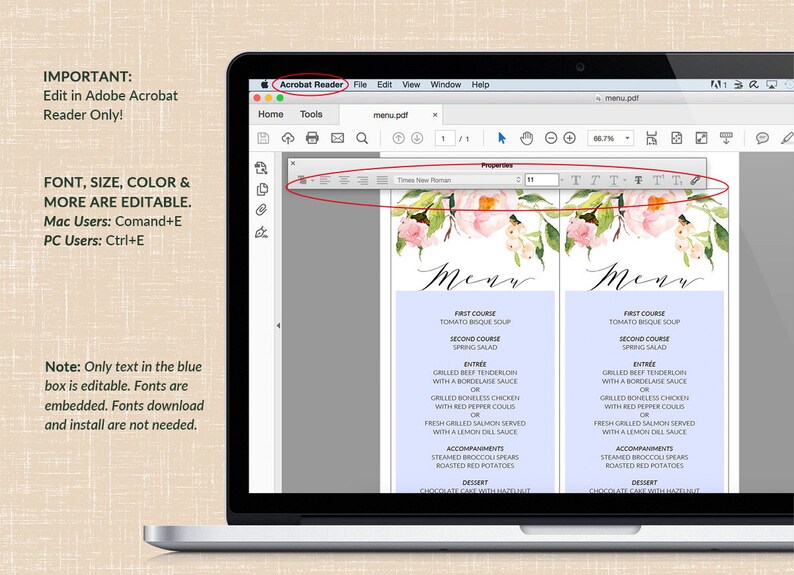 Printable Peony Wedding Menu Template Instant Download PDF #104 Elegant Watercolor Floral Wedding Menu Editable Menu DIY Template