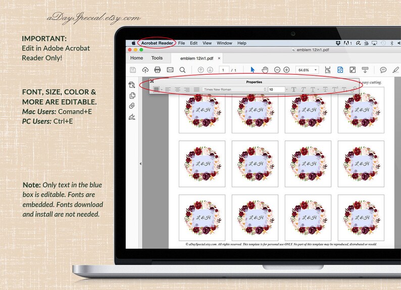 2x2 Avery Label Printable Floral Return Address Label sticker DIY PDF Instant Download #101 Burgundy Wreath Emblem Template Uprinting