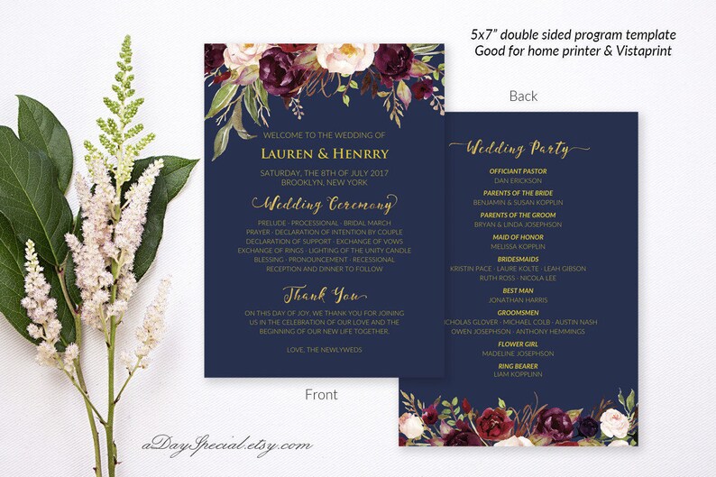 5x7 Double Sided Navy Wedding Program Template Etsy