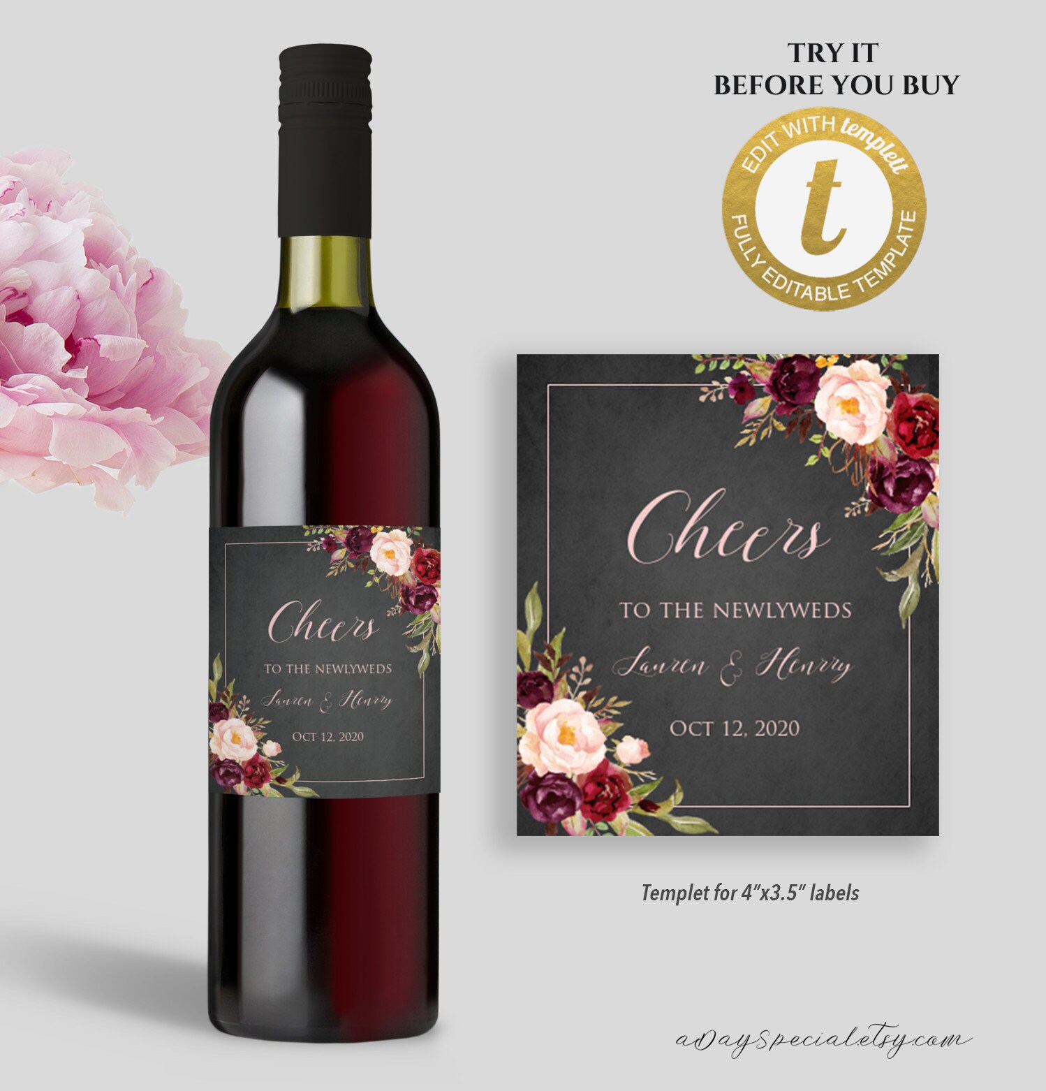 Fully Editable Burgundy Floral Black Chalkboard Wine Bottle Label Template, Printable Bridesmaid Proposal, Edit at Templett #119