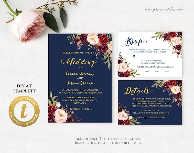 Edit at Templett #117#116 Printable Double Sided Invite Suite All Editable Peach Cream Floral Navy Gold Wedding Invitation Set Template