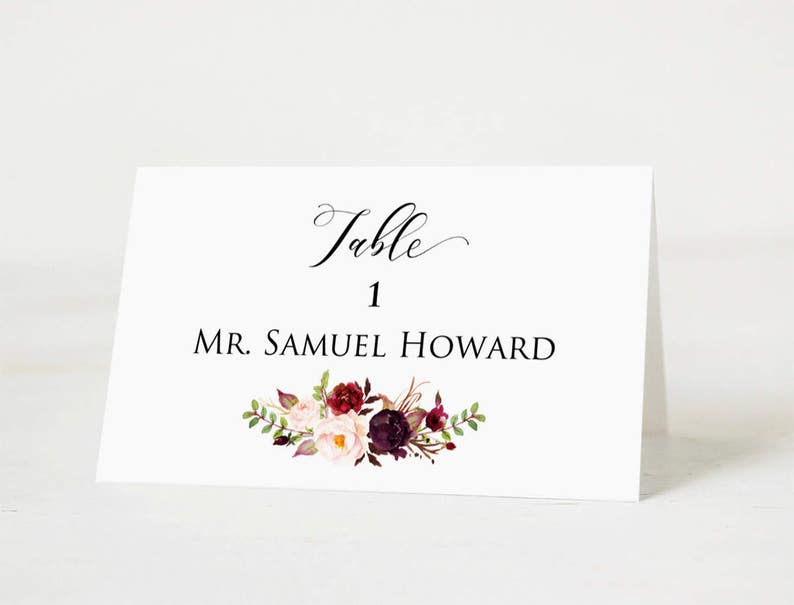 Floral Wedding Table Number Name Download PDF #101 Burgundy Wedding Printable Wedding Place Cards Template Wedding Place Card Printable