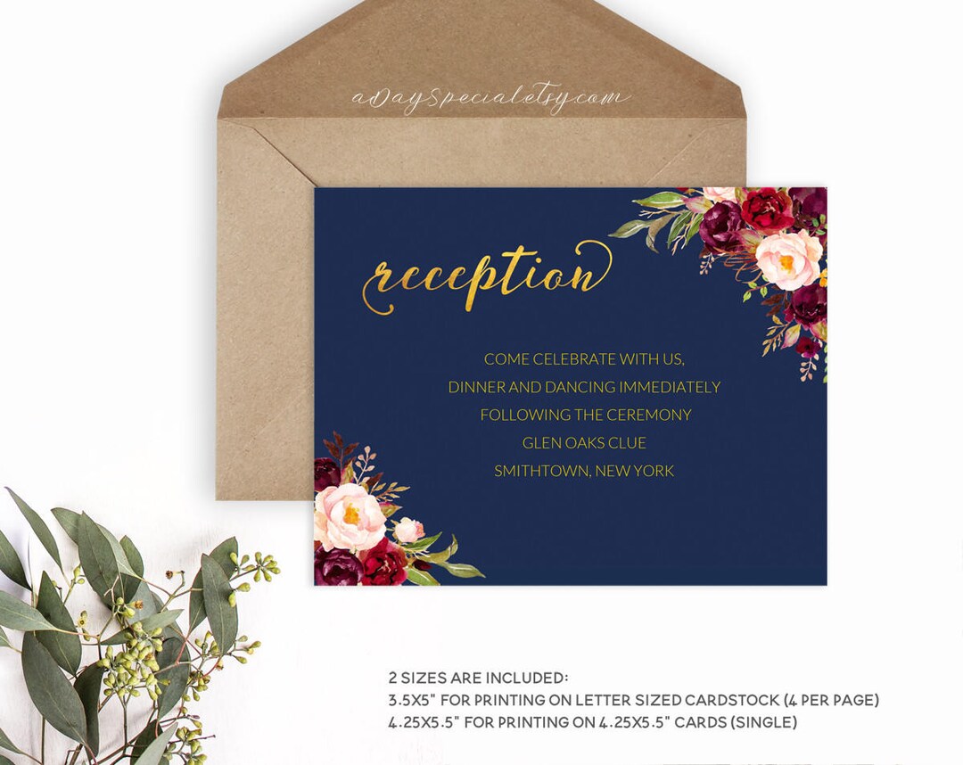 Navy Wedding Reception Card Template, Burgundy Boho Floral, Printable ...