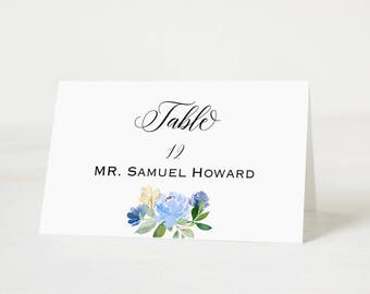 Blue and Cream Wedding Place Cards Template, Wedding Place Card Printable, Blue Floral Wedding Table Number Name, Instant Download PDF #107