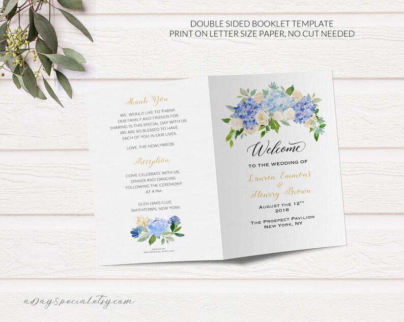 Folded Wedding Program Booklet Template Printable Blue and Etsy