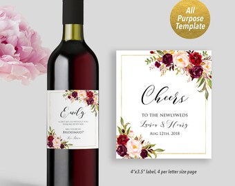 Burgundy Pink Floral Wedding Wine Bottle Label Template, Printable Bridal Shower Bridesmaid Maid of Honor Proposal, PDF DIY Download #101
