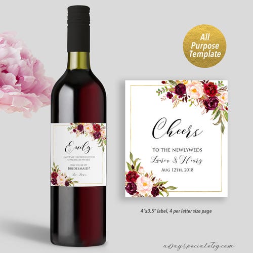 Burgundy Pink Floral Wedding Wine Bottle Label Template, Printable Bridal Shower Bridesmaid Maid of Honor Proposal, PDF DIY Download #101