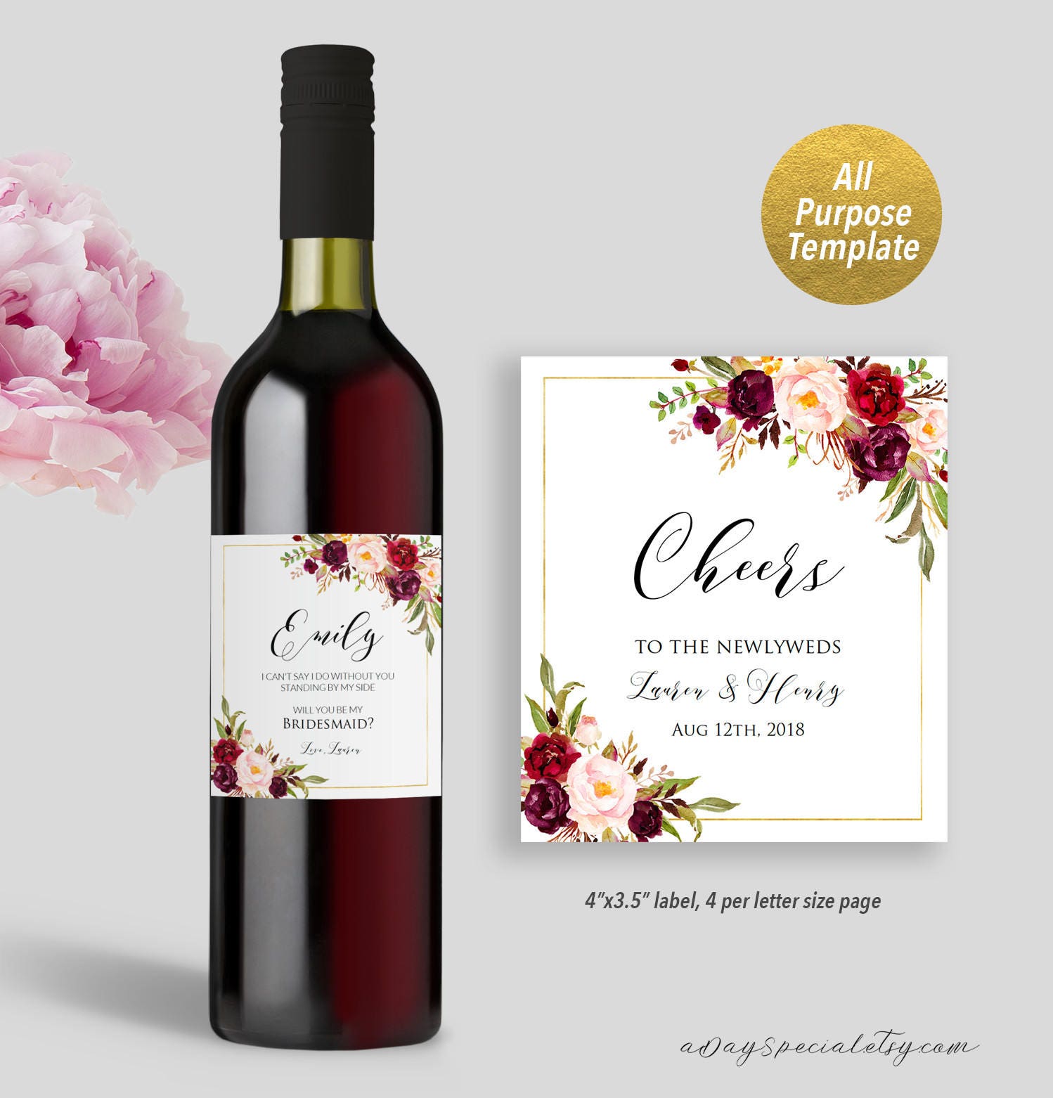 Burgundy Pink Floral Wedding Wine Bottle Label Template, Printable Bridal  Shower Bridesmaid Maid of Honor Proposal, PDF DIY Download #21 Regarding Template For Wine Bottle Labels
