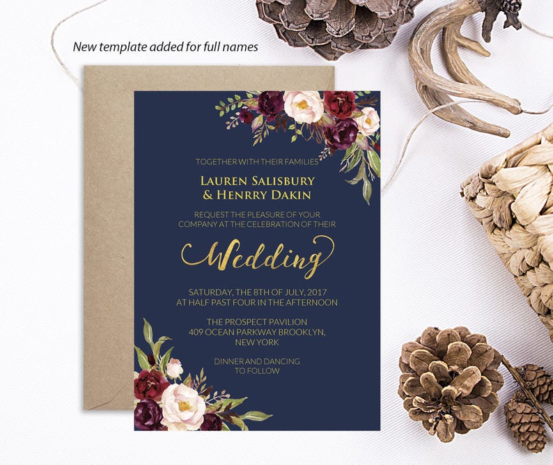 Printable Navy Wedding Invitation Burgundy Boho Floral
