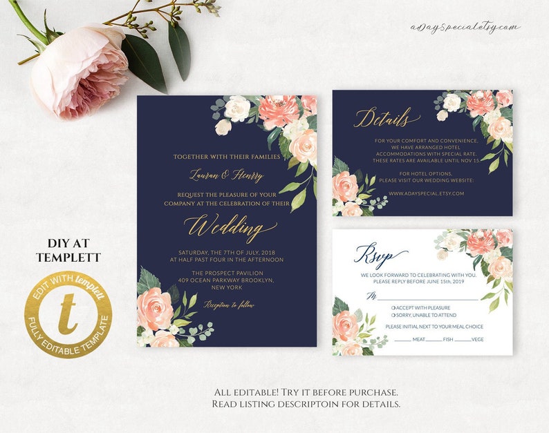 Edit at Templett #117#116 Printable Double Sided Invite Suite All Editable Peach Cream Floral Navy Gold Wedding Invitation Set Template