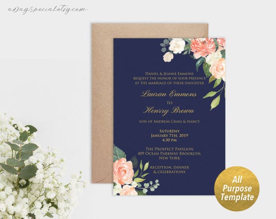 all purpose navy blue gold wedding invitation template etsy blue and gold banquet invitation template