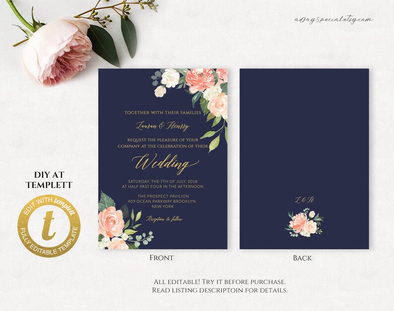 Edit at Templett #117#116 Printable Double Sided Invite Suite All Editable Peach Cream Floral Navy Gold Wedding Invitation Set Template