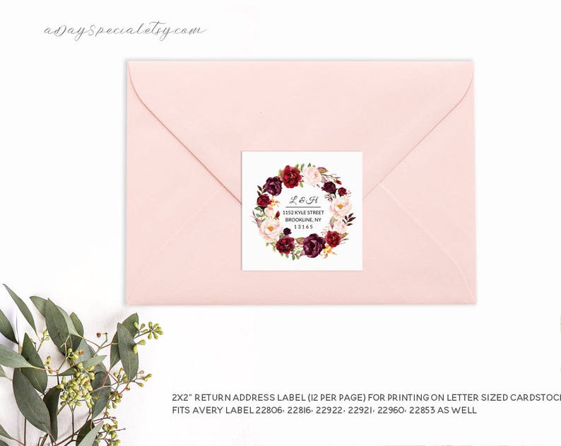 2x2 Avery Label Printable Floral Return Address Label sticker DIY PDF Instant Download #101 Burgundy Wreath Emblem Template Uprinting