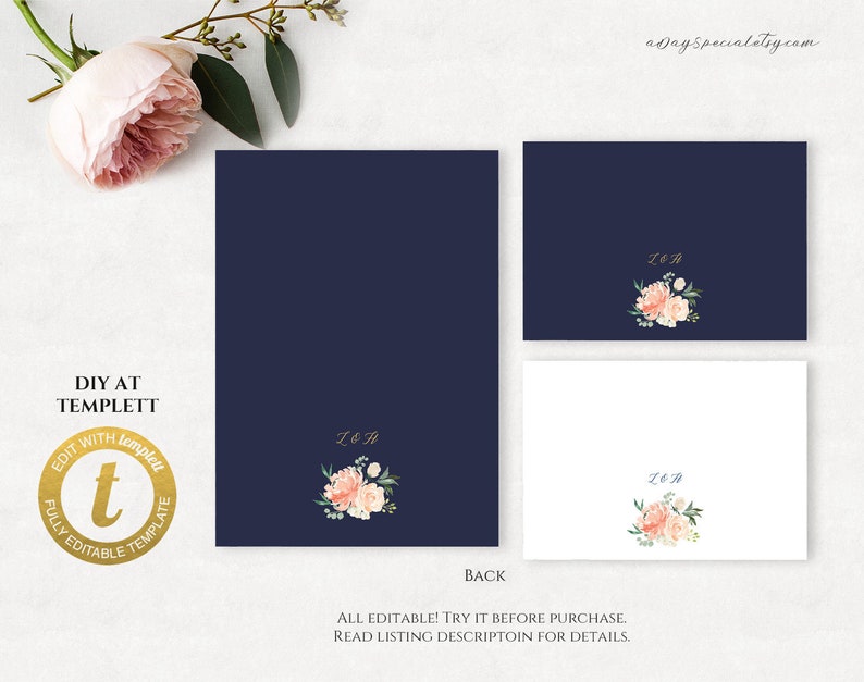 Edit at Templett #117#116 Printable Double Sided Invite Suite All Editable Peach Cream Floral Navy Gold Wedding Invitation Set Template