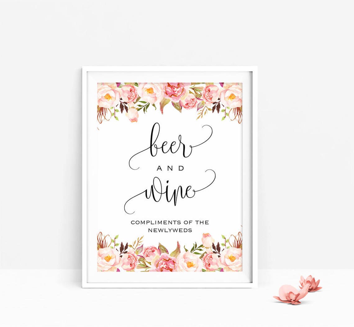 Printable Beer and Wine Sign Pink Floral Alcohol Bar Sign Etsy