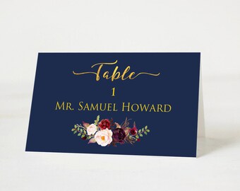 Navy Wedding Place Cards Template, Printable Burgundy Floral Table Card , Gold Foil Elegant Wedding Table Number Name card Download PDF #109
