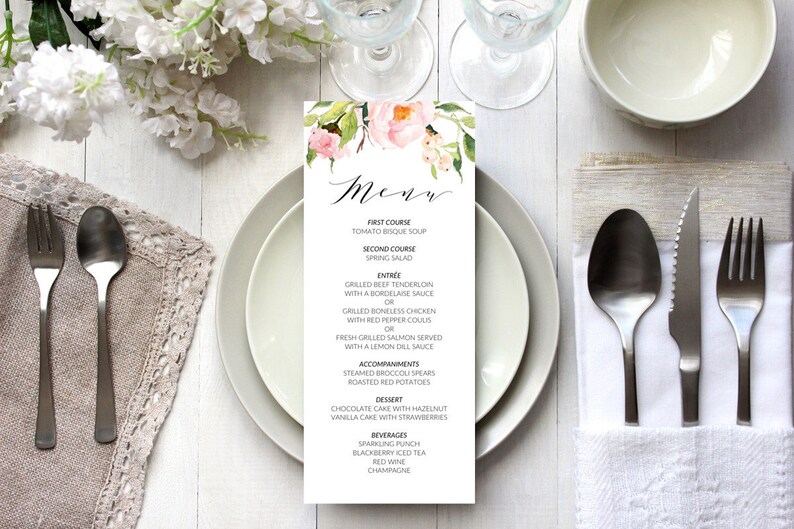 Printable Peony Wedding Menu Template Instant Download PDF #104 Elegant Watercolor Floral Wedding Menu Editable Menu DIY Template