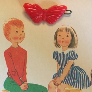 1950s Plastic Red Butterfly Hair Barrette, Vintage Hair Clip, Retro Hair Accessory
